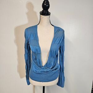 Y2K Faux Wrap Sweater Sz M V-neck Striped Lightweight Knit Blue Fair Grunge